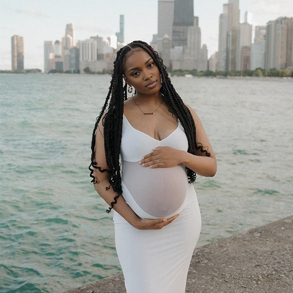 Momnfancy Sheer Bodycon Spaghetti Strap Open Back Mermaid Baby Shower Casual Maternity Maxi Dress