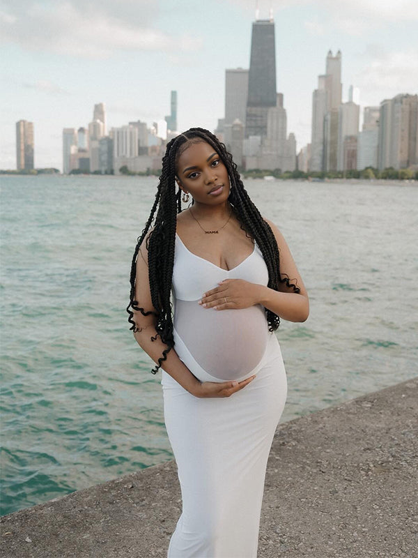 Momnfancy Sheer Bodycon Spaghetti Strap Open Back Mermaid Baby Shower Casual Maternity Maxi Dress