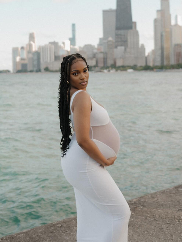 Momnfancy Sheer Bodycon Spaghetti Strap Open Back Mermaid Baby Shower Casual Maternity Maxi Dress