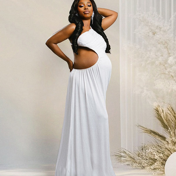 Momnfancy Halter Neck Cut-out Ruched Splicing Waist-cinching Photoshoot Everyday Maternity Maxi Dress