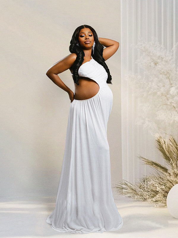 Momnfancy Halter Neck Cut-out Ruched Splicing Waist-cinching Photoshoot Everyday Maternity Maxi Dress