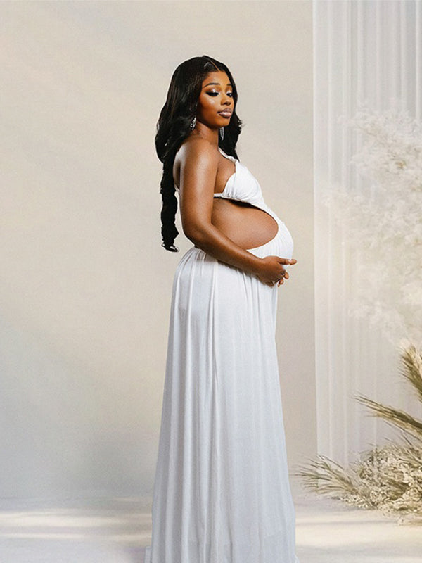 Momnfancy Halter Neck Cut-out Ruched Splicing Waist-cinching Photoshoot Everyday Maternity Maxi Dress