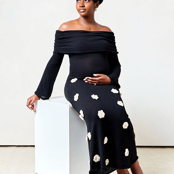 Momnfancy Off Shoulder Knitting Bodycon 3D Flowers Photoshoot Maternity Maxi Dress