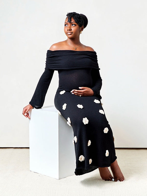 Momnfancy Off Shoulder Knitting Bodycon 3D Flowers Photoshoot Maternity Maxi Dress