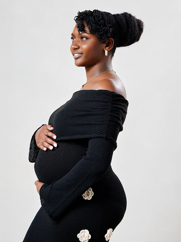 Momnfancy Off Shoulder Knitting Bodycon 3D Flowers Photoshoot Maternity Maxi Dress
