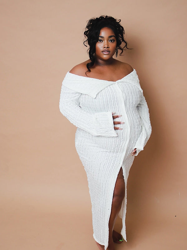 Momnfancy White Off Shoulder Ruched Single Breasted Bodycon Long Sleeve Photoshoot Maternity Maxi Dress