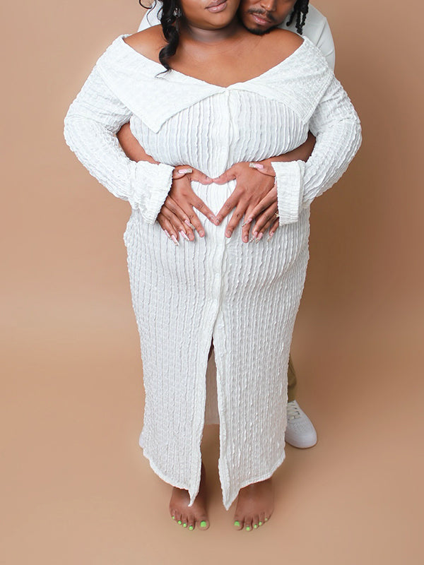 Momnfancy White Off Shoulder Ruched Single Breasted Bodycon Long Sleeve Photoshoot Maternity Maxi Dress