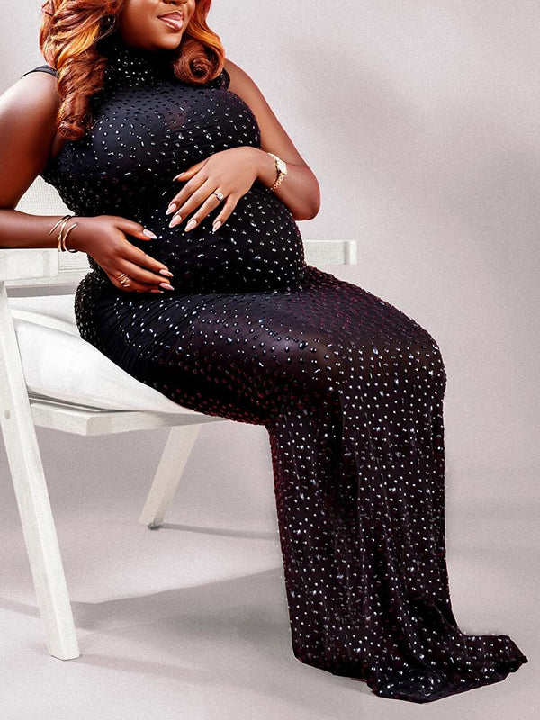 Momnfancy Diamond Sheer Mesh Bodycon Mermaid Evening Gown Backless Back Split Photoshoot Maternity Maxi Dress