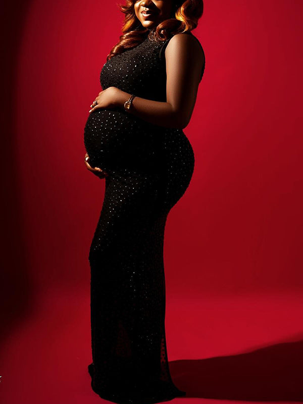 Momnfancy Diamond Sheer Mesh Bodycon Mermaid Evening Gown Backless Back Split Photoshoot Maternity Maxi Dress