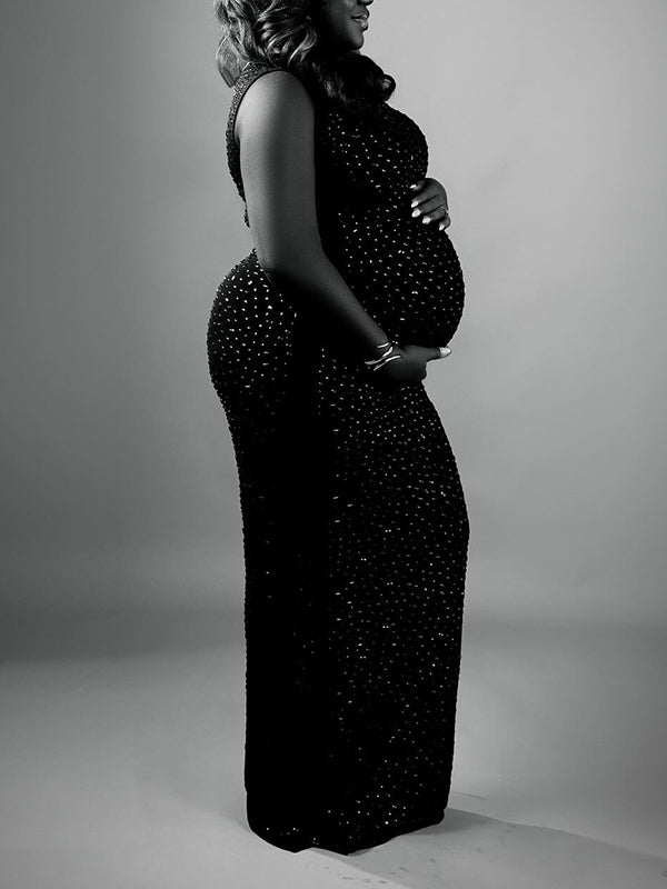 Momnfancy Diamond Sheer Mesh Bodycon Mermaid Evening Gown Backless Back Split Photoshoot Maternity Maxi Dress