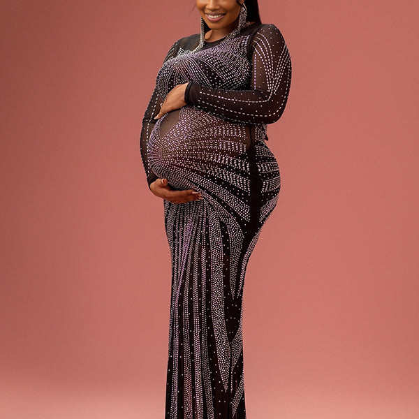 Momnfancy Diamond Sheer Mesh Bodycon Mermaid Evening Gown Long Sleeve Photoshoot Maternity Maxi Dress
