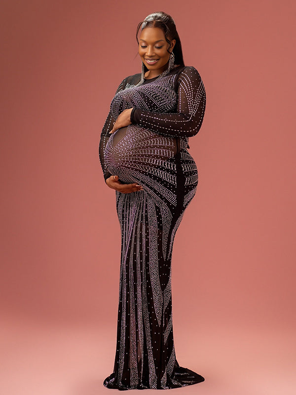 Momnfancy Diamond Sheer Mesh Bodycon Mermaid Evening Gown Long Sleeve Photoshoot Maternity Maxi Dress