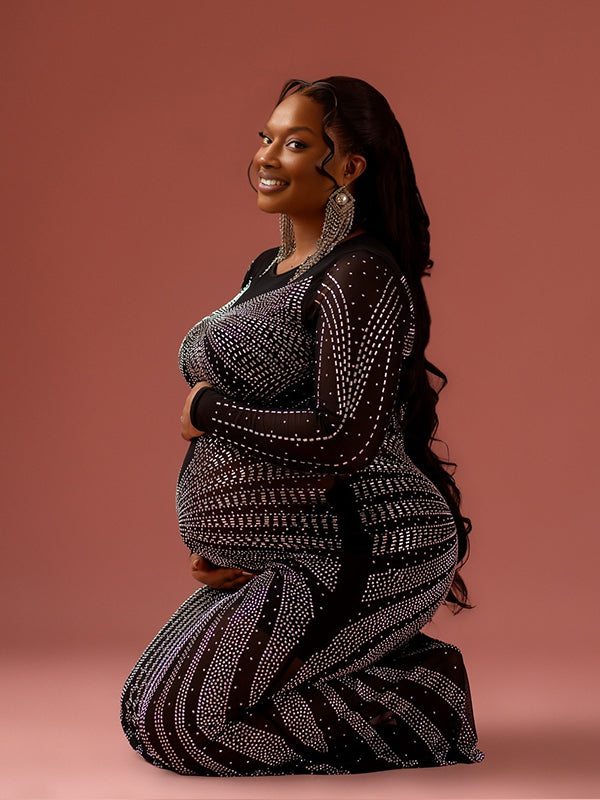 Momnfancy Diamond Sheer Mesh Bodycon Mermaid Evening Gown Long Sleeve Photoshoot Maternity Maxi Dress
