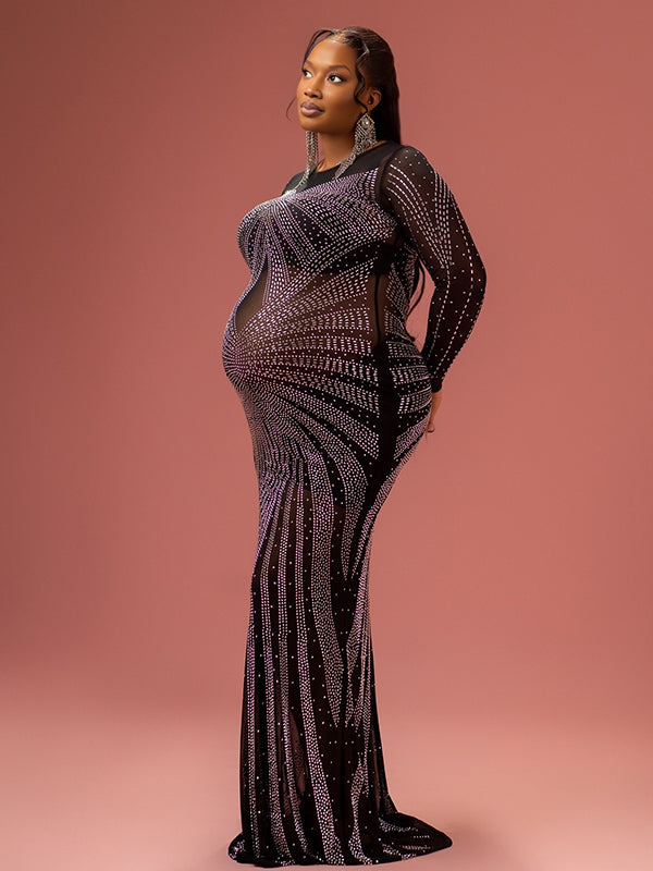 Momnfancy Diamond Sheer Mesh Bodycon Mermaid Evening Gown Long Sleeve Photoshoot Maternity Maxi Dress