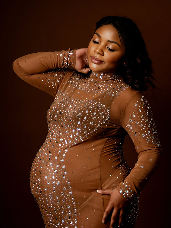 Momnfancy Brown Diamond Sheer Mesh Bodycon Mermaid Evening Gown Long Sleeve Photoshoot Maternity Maxi Dress