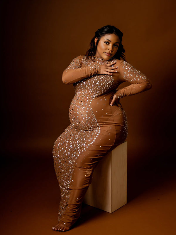 Momnfancy Brown Diamond Sheer Mesh Bodycon Mermaid Evening Gown Long Sleeve Photoshoot Maternity Maxi Dress