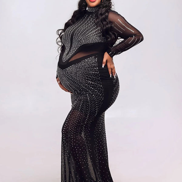Momnfancy Black Diamond Sheer Mesh Bodycon Mermaid Evening Gown Long Sleeve Photoshoot Maternity Maxi Dress