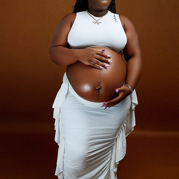 Momnfancy White Tassel Crop 2-in-1 Bodycon Back Tie Ruched Photoshoot Maternity Maxi Dress