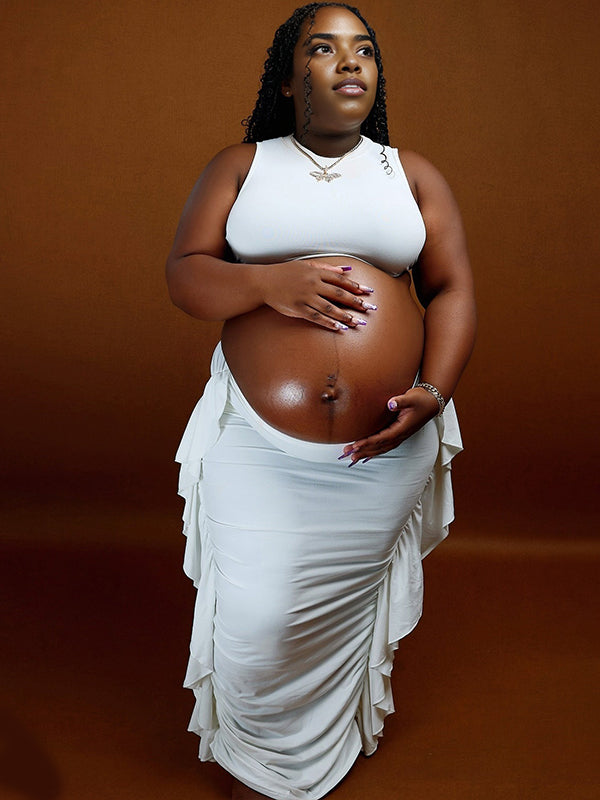 Momnfancy White Tassel Crop 2-in-1 Bodycon Back Tie Ruched Photoshoot Maternity Maxi Dress
