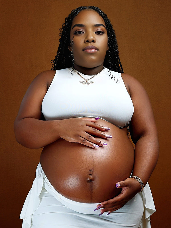 Momnfancy White Tassel Crop 2-in-1 Bodycon Back Tie Ruched Photoshoot Maternity Maxi Dress