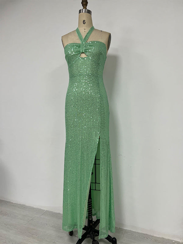 Momnfancy Sequin Halter Neck Side Slit Lace-up Bodycon Evening Gown Party Cocktail Maternity Maxi Dress