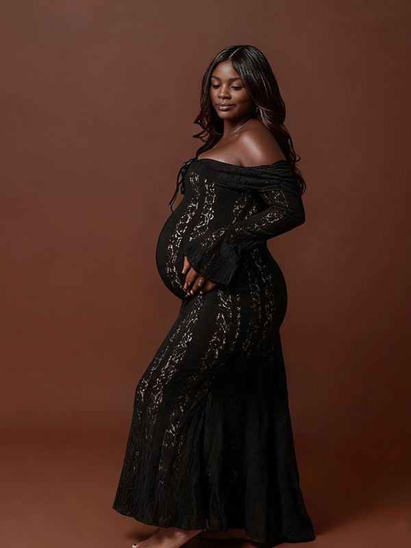 Momnfancy Lace Mermaid Flare Sleeve Boat Neck Trailing Maternity Maxi Dress
