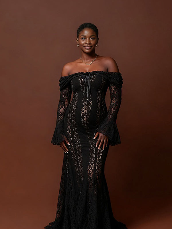 Momnfancy Lace Mermaid Flare Sleeve Boat Neck Trailing Maternity Maxi Dress