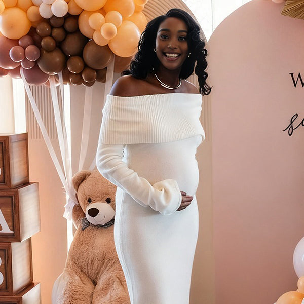 Momnfancy Boat Neck Bodycon Knitted Side Slit Off-shoulder Maternity Maxi Dress