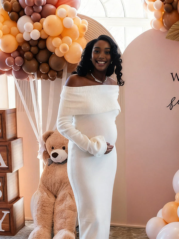 Momnfancy Boat Neck Bodycon Knitted Side Slit Off-shoulder Maternity Maxi Dress