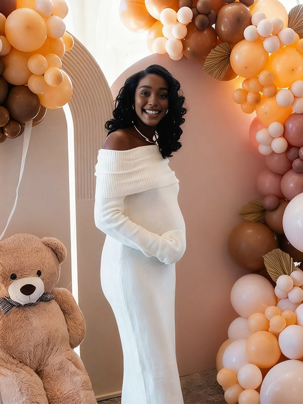 Momnfancy Boat Neck Bodycon Knitted Side Slit Off-shoulder Maternity Maxi Dress