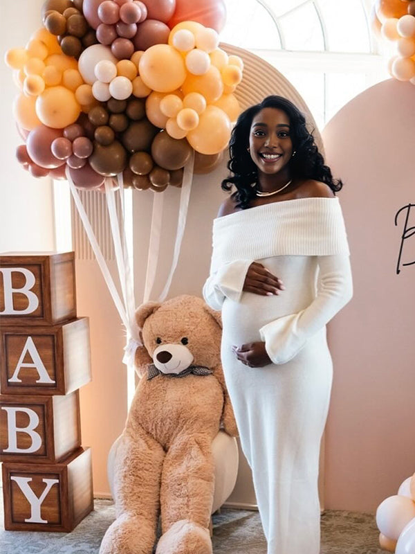 Momnfancy Boat Neck Bodycon Knitted Side Slit Off-shoulder Maternity Maxi Dress