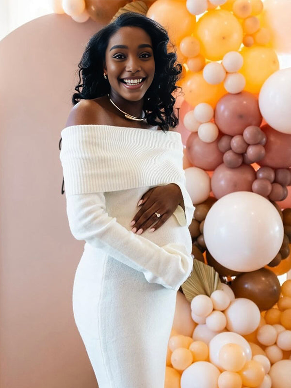 Momnfancy Boat Neck Bodycon Knitted Side Slit Off-shoulder Maternity Maxi Dress