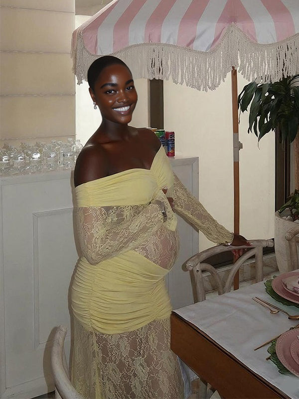 Momnfancy Boat Neck Mermaid Bodycon Sheer Ruched Lace Maternity Maxi Dress