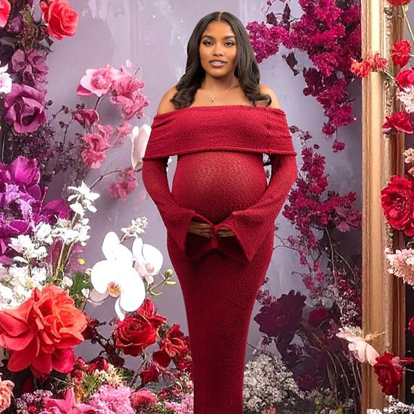 Momnfancy Boat Neck Bodycon Knitted Open Back Maternity Maxi Dress