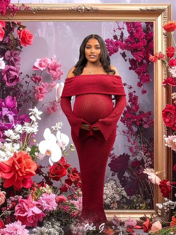 Momnfancy Boat Neck Bodycon Knitted Open Back Maternity Maxi Dress