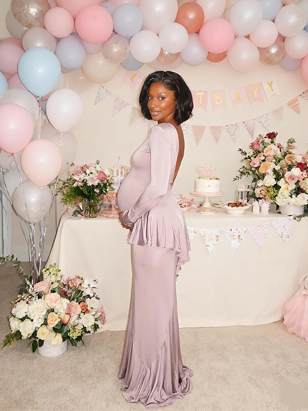 Momnfancy Falbala Side Slit Bodycon Trailing Splicing Maternity Maxi Dress