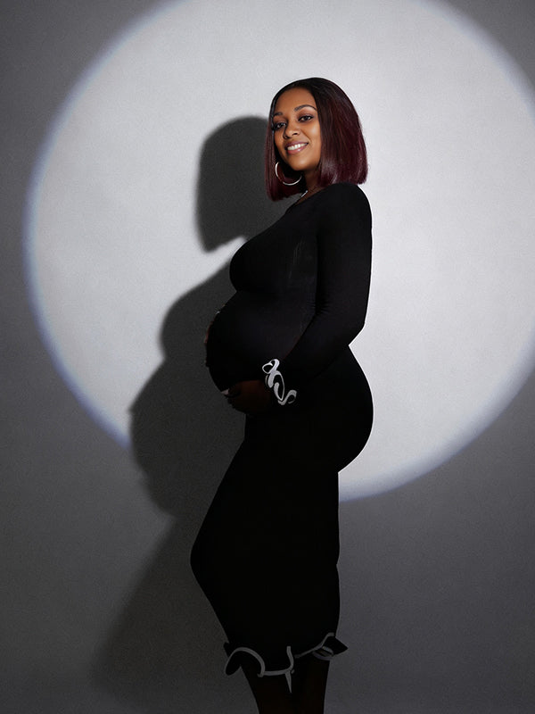 Momnfancy Open Back Falbala Hit Color Bodycon Knitted Maternity Maxi Dress
