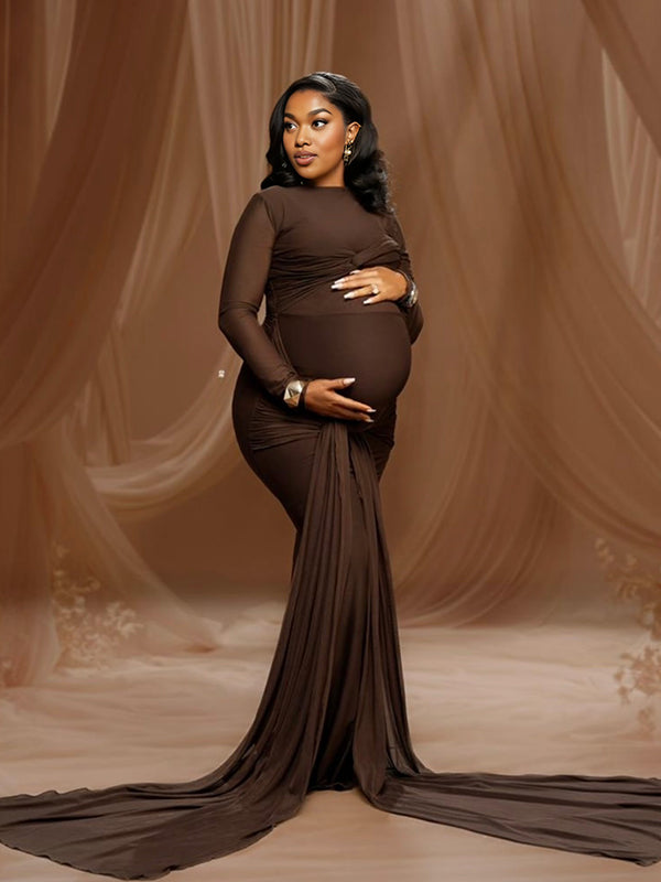 Momnfancy Twist Bodycon Mermaid Evening Gowns Photoshoot Maternity Maxi Dress
