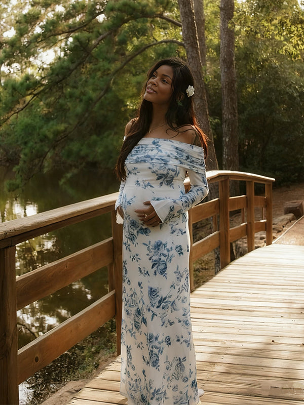 Momnfancy Boat Neck Open Back Porcelain Print Photoshoot Maternity Maxi Dress