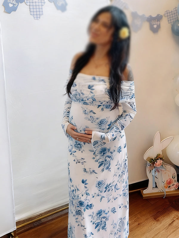 Momnfancy Boat Neck Open Back Porcelain Print Photoshoot Maternity Maxi Dress