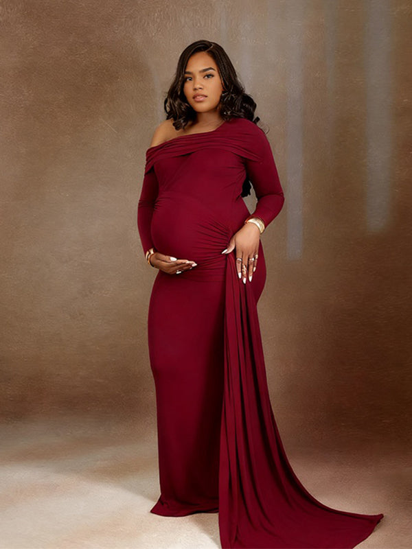 Momnfancy Oblique Shoulder Ruched Bodycon Trailing Photoshoot Maternity Maxi Dress