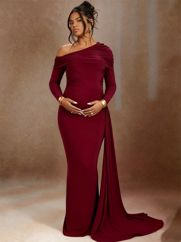Momnfancy Oblique Shoulder Ruched Bodycon Trailing Photoshoot Maternity Maxi Dress