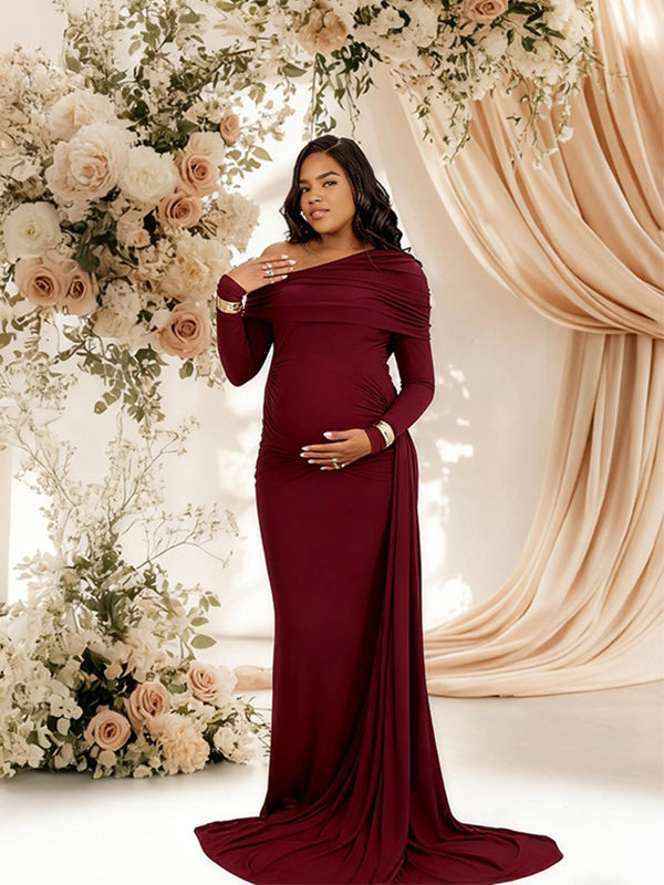 Momnfancy Oblique Shoulder Ruched Bodycon Trailing Photoshoot Maternity Maxi Dress