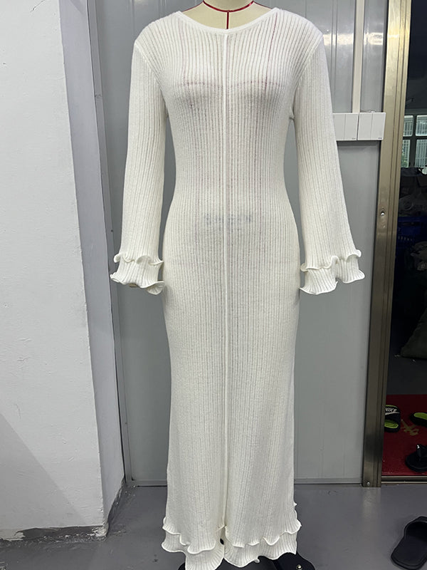 Momnfancy Knitted Flare Sleeve Falbala Open Back Everyday Maternity Maxi Dress