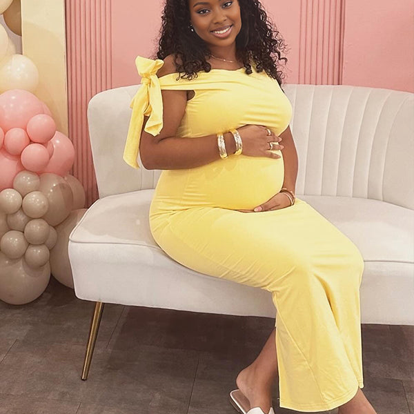 Momnfancy Yellow Lace-up Bodycon Sleeveless Baby Shower Maternity Maxi Dress