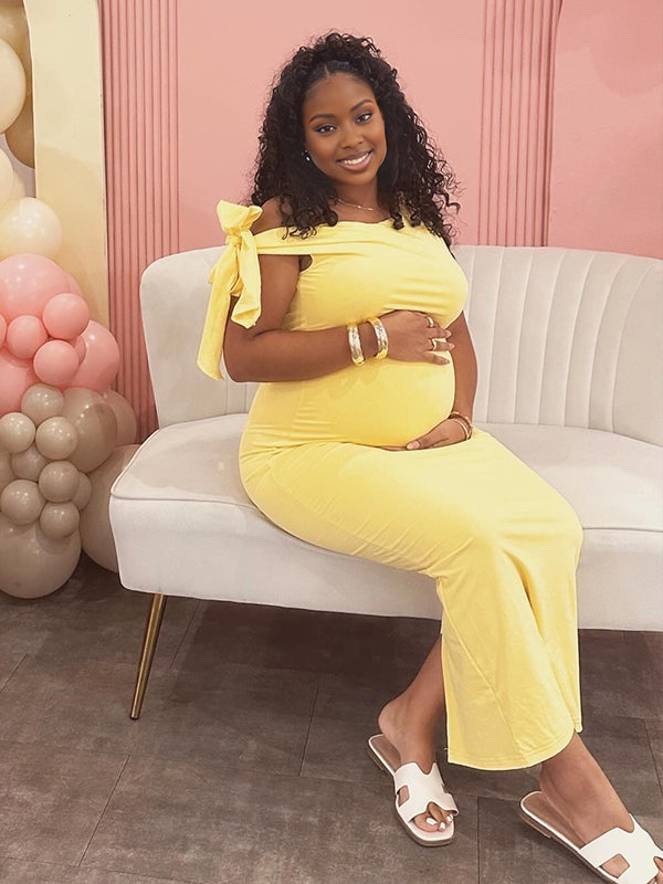 Momnfancy Yellow Lace-up Bodycon Sleeveless Baby Shower Maternity Maxi Dress