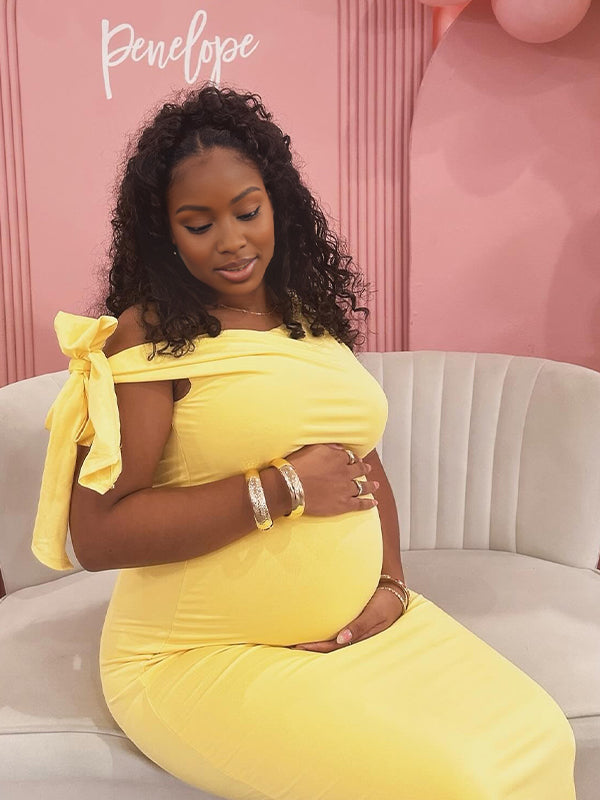 Momnfancy Yellow Lace-up Bodycon Sleeveless Baby Shower Maternity Maxi Dress