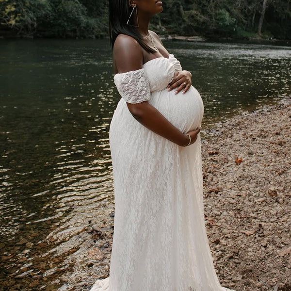 Momnfancy Off Shoulder Lace Ruched Backless Cap Sleeve High Waist Photoshoot Maternity Maxi Dress