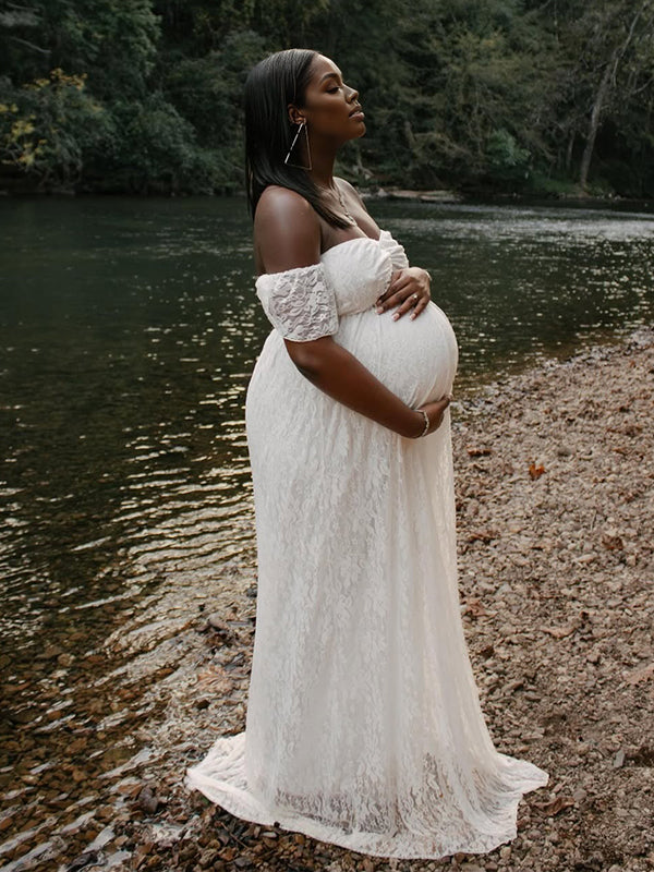 Momnfancy Off Shoulder Lace Ruched Backless Cap Sleeve High Waist Photoshoot Maternity Maxi Dress