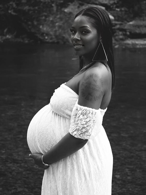 Momnfancy Off Shoulder Lace Ruched Backless Cap Sleeve High Waist Photoshoot Maternity Maxi Dress